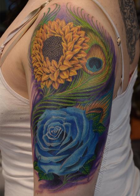 Tattoos - Full colored blue rose and sunflower with peacock feathers arm tattoo - 139917